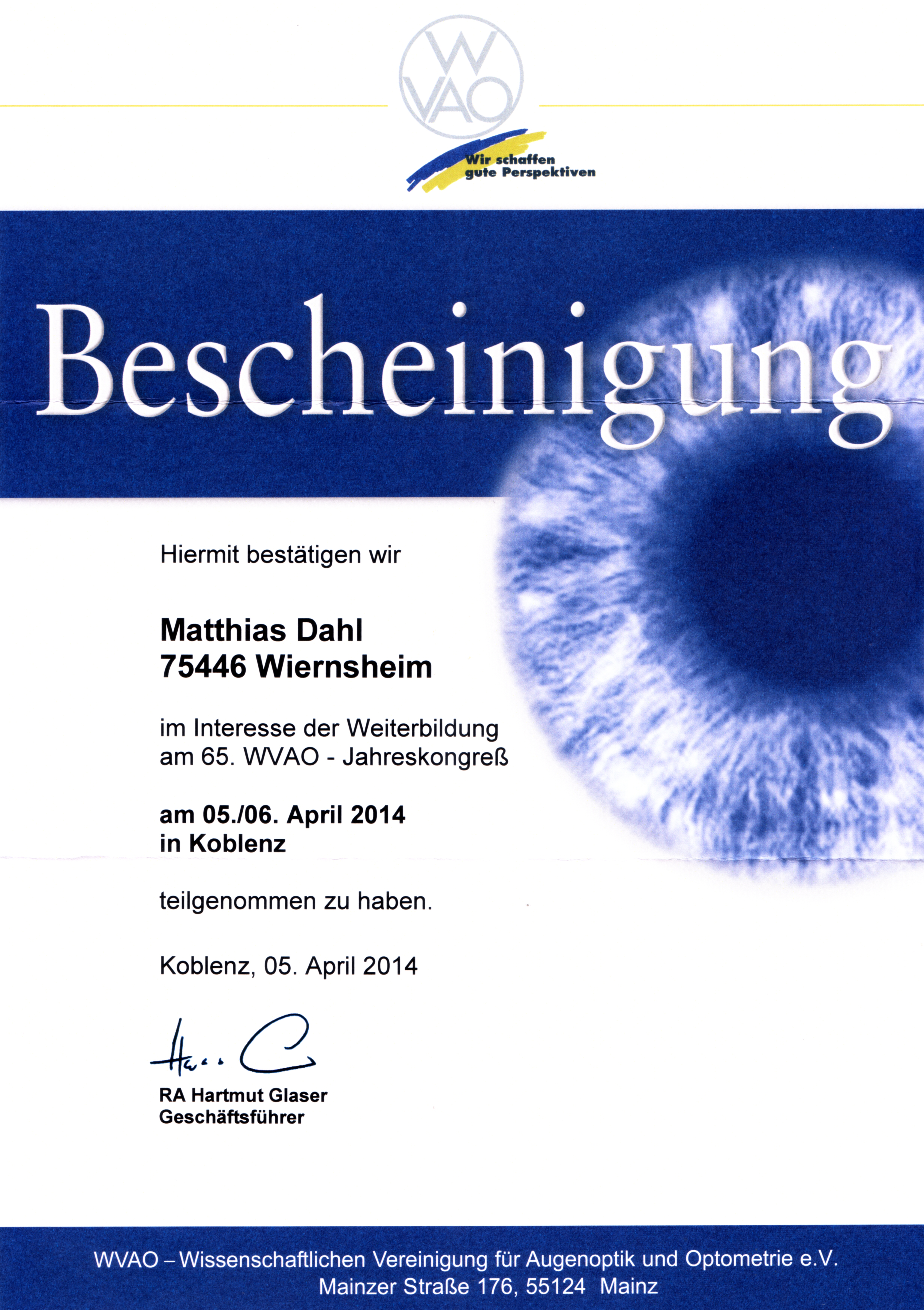 Teilnahmebescheinigung Matthias Dahl
